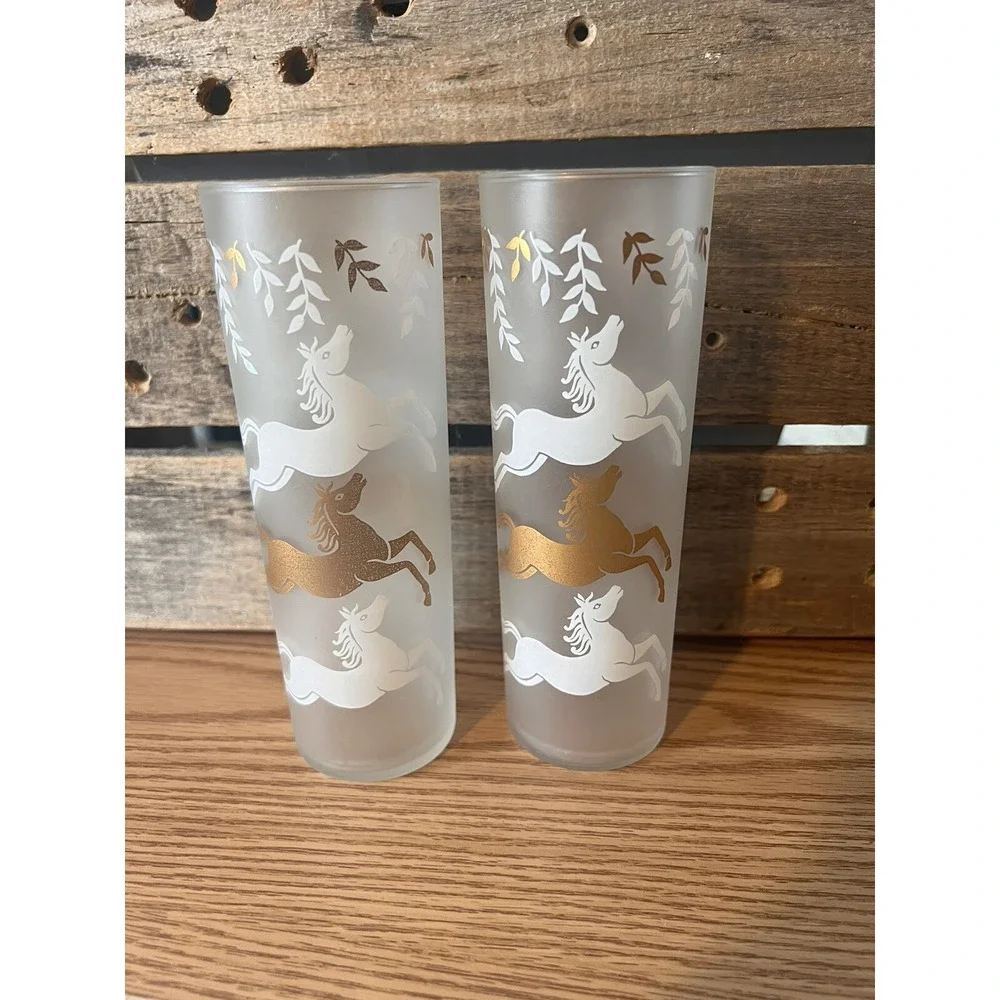 2 Vintage MCM Libbey Frosted Cavalcade Gold White Horses 7